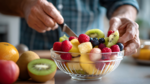 Elderly person preparing a fresh fruit bowl with berries and kiwi for healthy nutrition